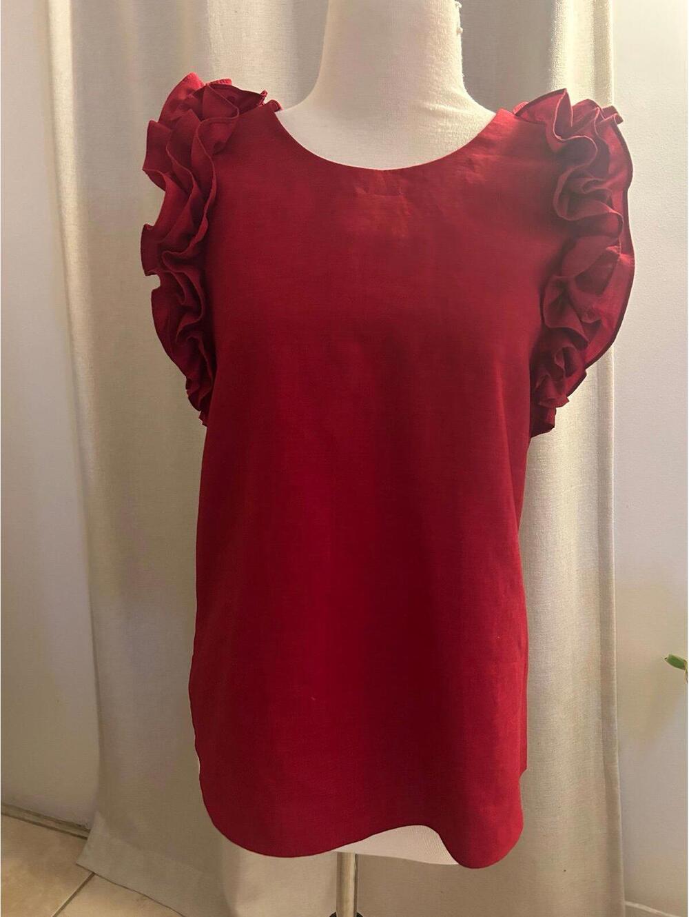 Circle Burgundy Red Ruffle Sleeve Blouse Floral Petal Shoulders Coquette F